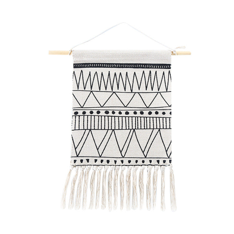 Woven Boho wall hanging with fringes and graphic ethnic pattern Kalsten