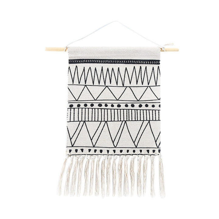 Woven Boho wall hanging with fringes and graphic ethnic pattern Kalsten