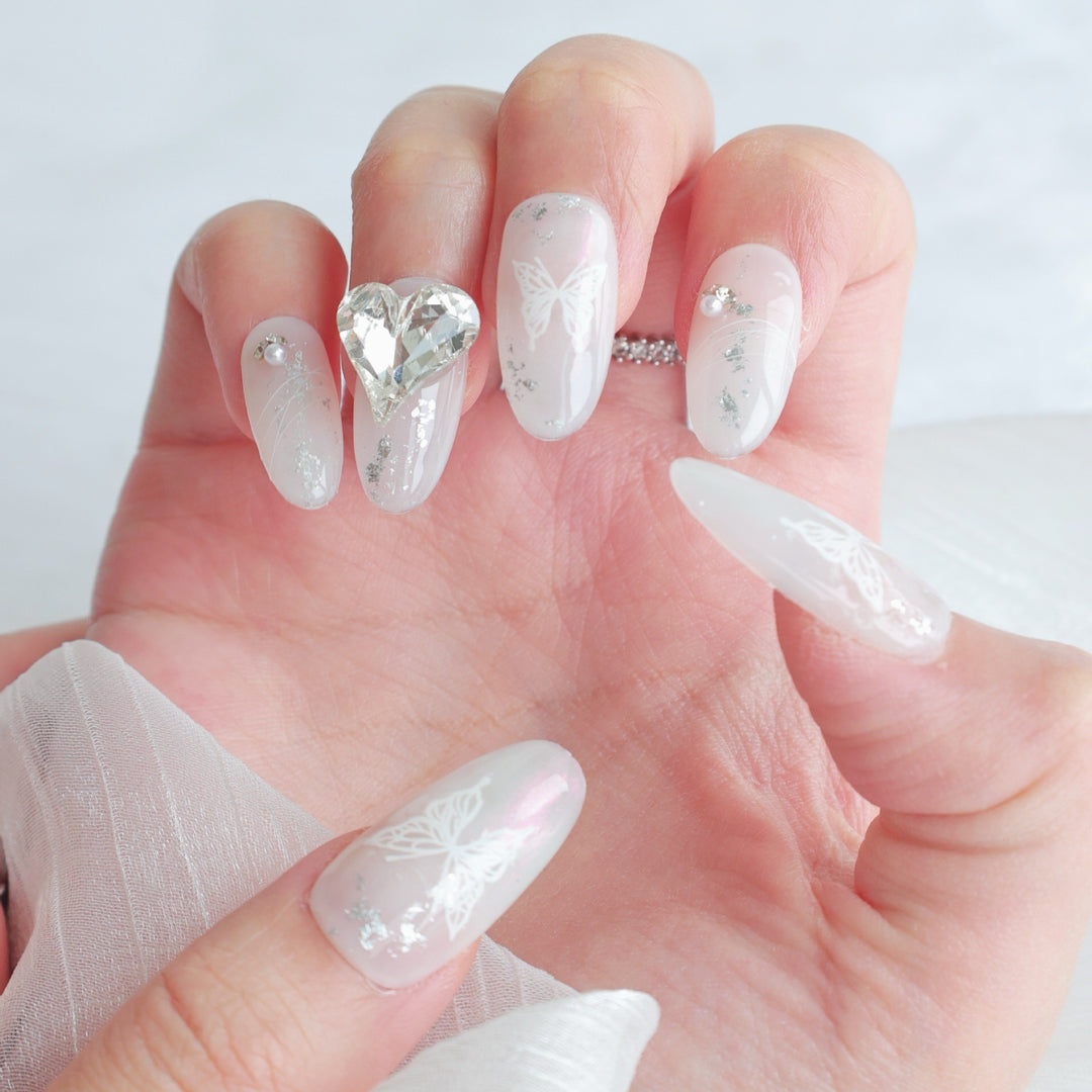 Artistic Press-On Nail Art Set with Butterfly Design and Gem Accents