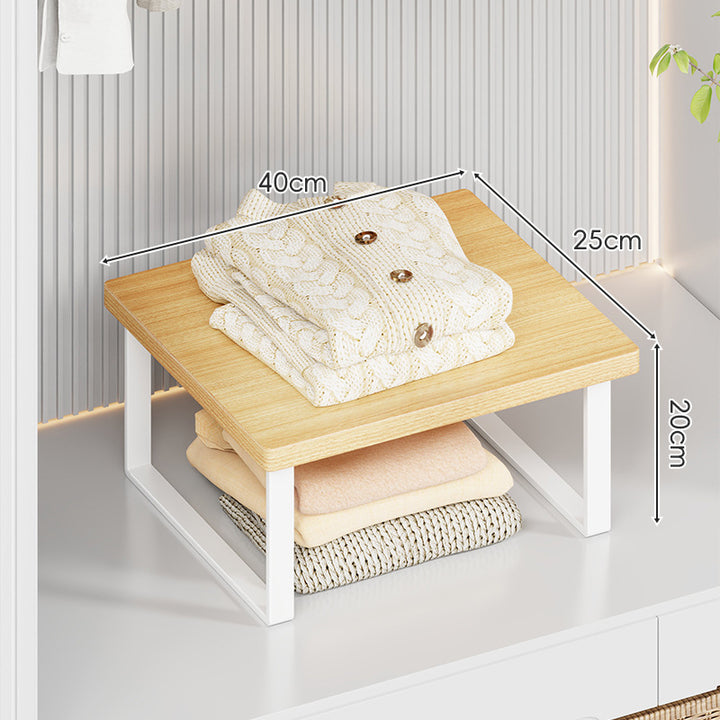 Compact Wooden-Top Metal Shelf Riser for Closet and Countertop