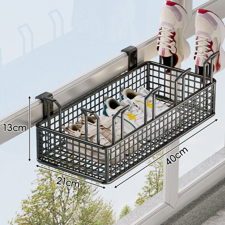 Over-Rail Balcony Shoe Drying and Storage Basket with Divided Mesh Compartments