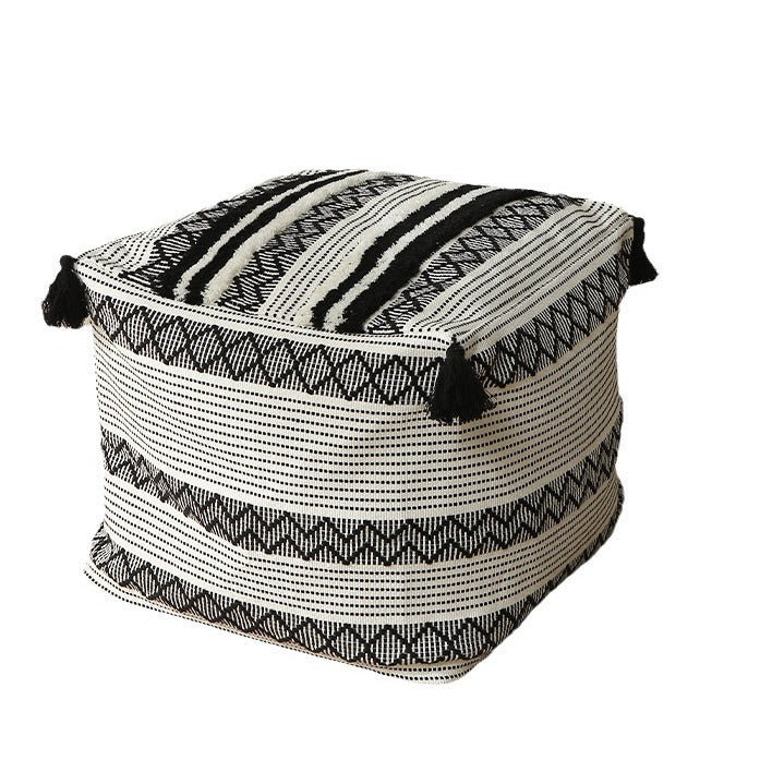 Square Boho seat pouf made of woven cotton blend with tassels and removable cover Kalsten