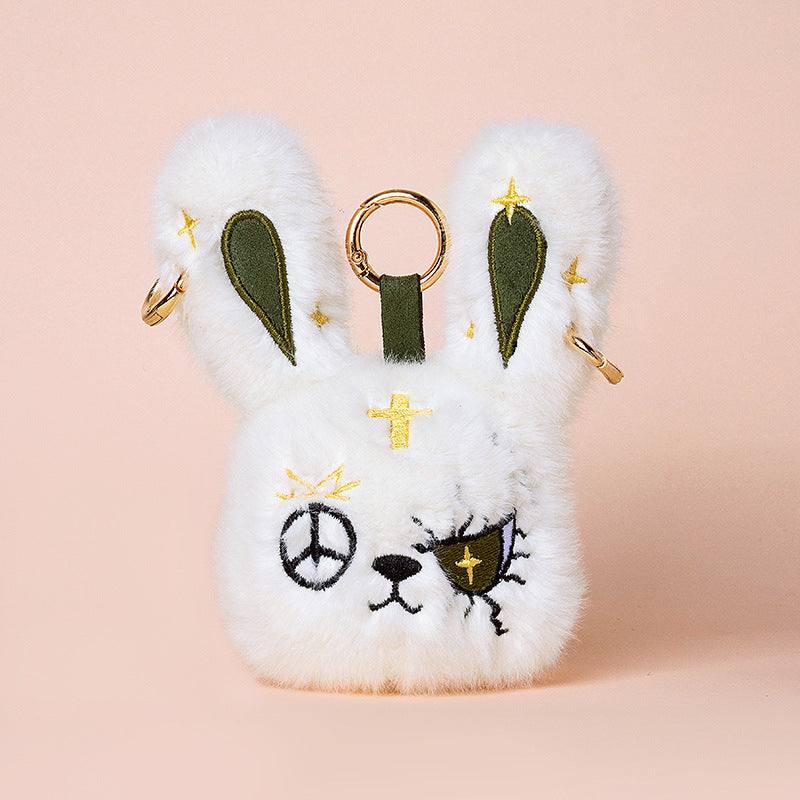 Faux-Fur Bunny Charm Key Fob with Embroidered Patchwork Face and Gold Metal Ring Kalsten