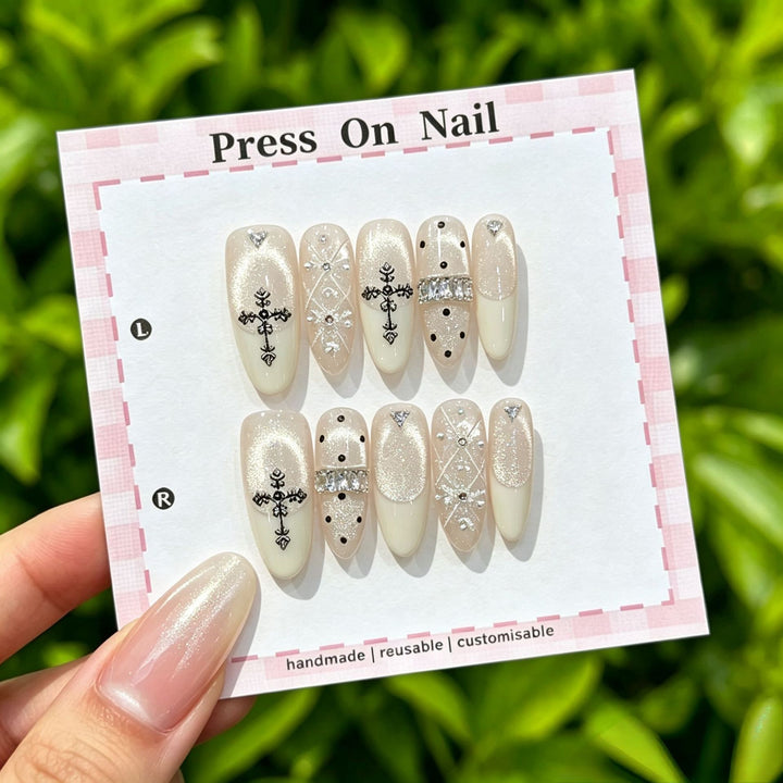 Artistic Press-On Nail Art Set with Cute Character and Bow Accents
