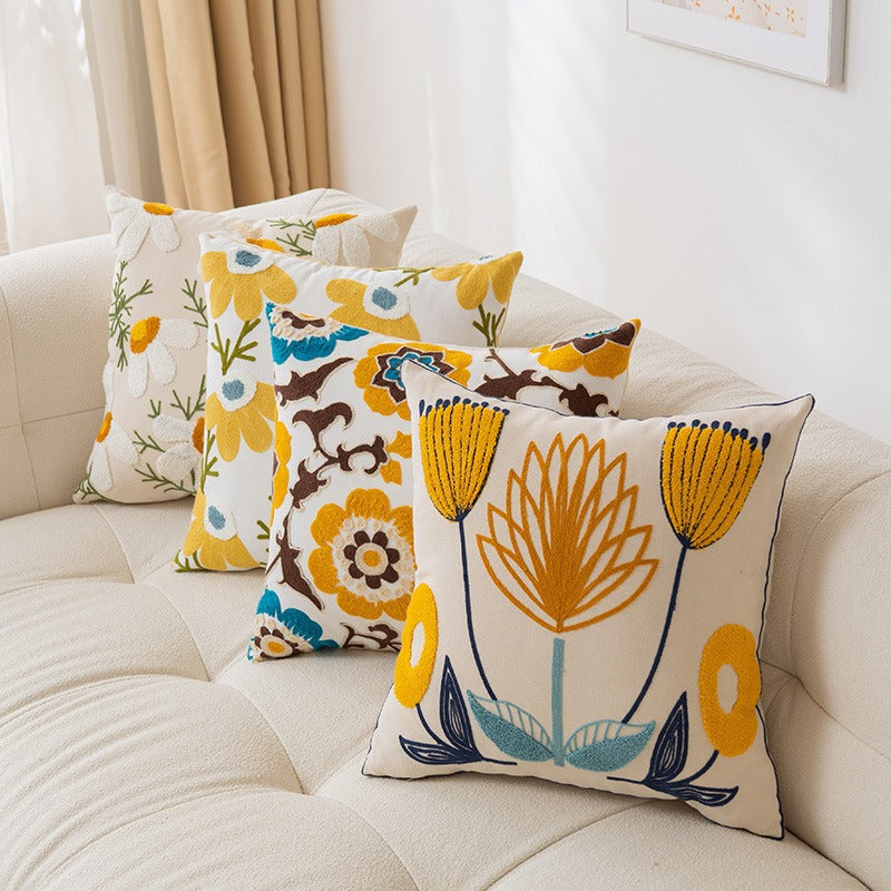 Embroidered Floral Cotton-Linen Square Throw Pillow Cover with Hidden Zipper and Textured Appliqué