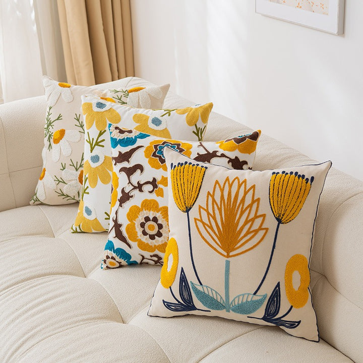 Embroidered Floral Cotton-Linen Square Throw Pillow Cover with Hidden Zipper and Textured Appliqué
