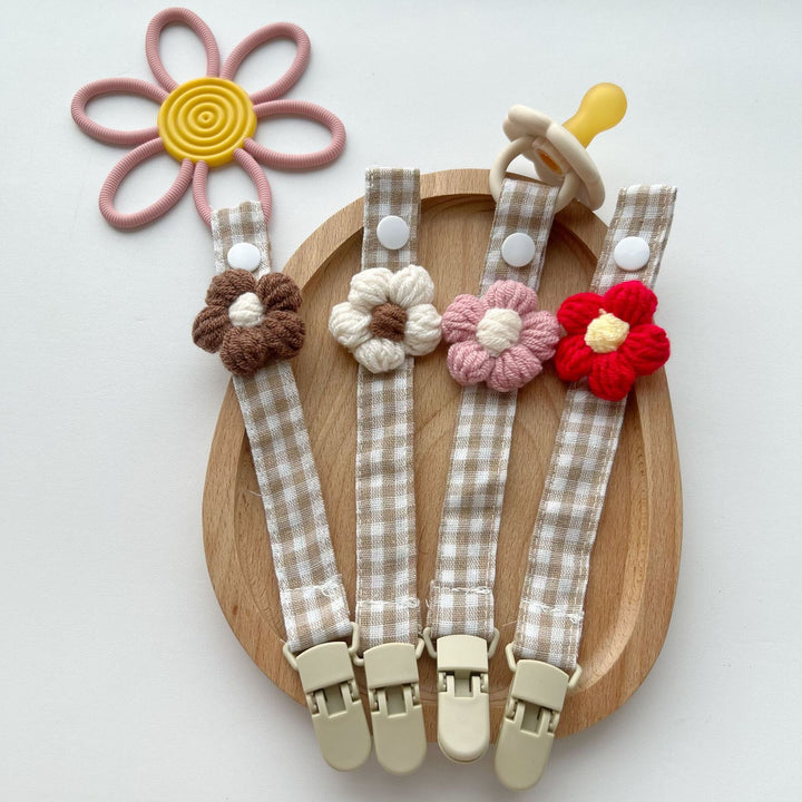 Crocheted Flower Pacifier and Teether Clip with Organic Cotton Strap