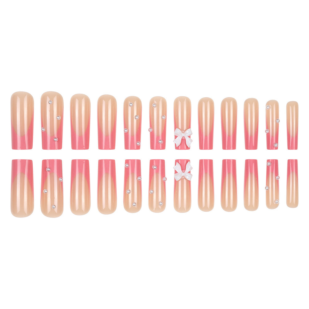 Decorative Long Square Press-On Nails with 3D Bow and Pearl Accents Kalsten