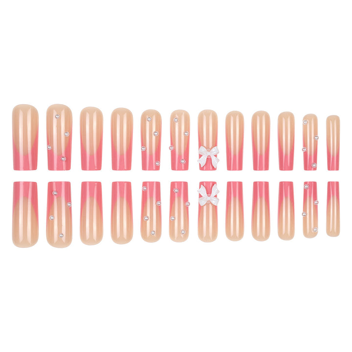 Decorative Long Square Press-On Nails with 3D Bow and Pearl Accents Kalsten