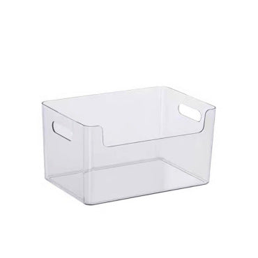 Transparent stackable storage compartment made of shatterproof acrylic with grip cutouts
