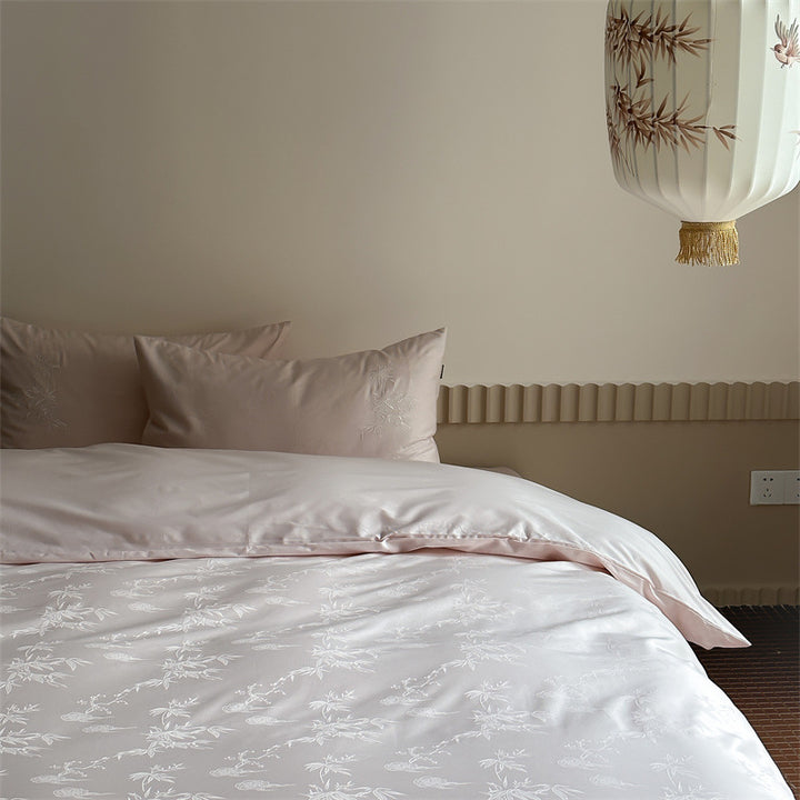 Luxurious cotton satin bedding set with fine jacquard floral relief and silky finish