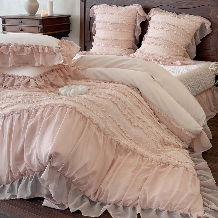 Romantic bedding complete set with ruffled bedspread, ruffle bed skirt, and decorative pillow