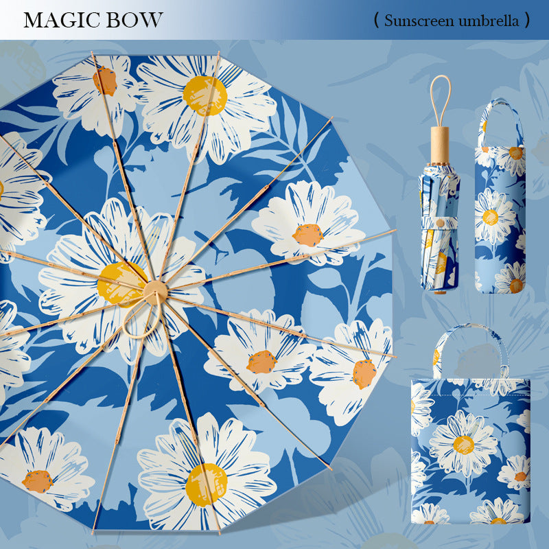 Women's elegant folding parasol with floral accents and practical carrying bag Kalsten