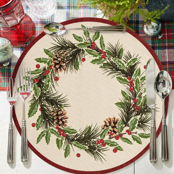 Round wipeable placemat with Christmas wreath and tartan print