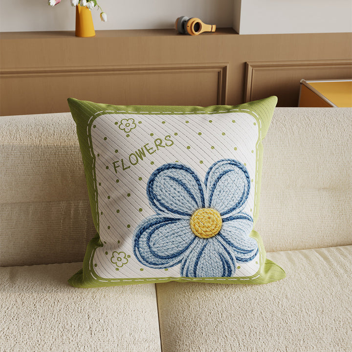 Decorative Embroidered Floral Cotton-Linen Throw Pillow Cover with Diagonal Rib Texture