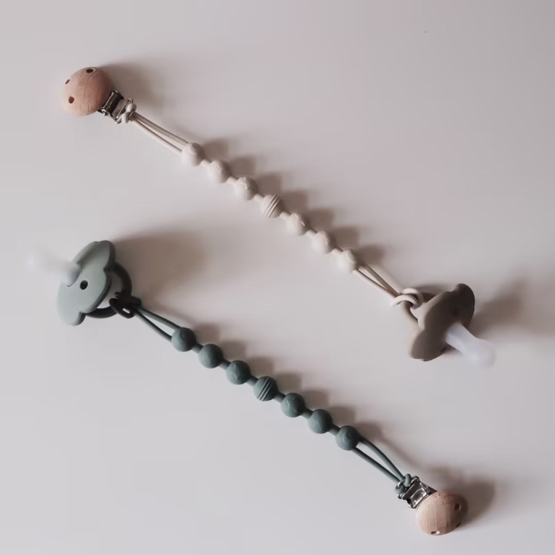 Silicone Beaded Pacifier Clip with Wooden Safety Clamp