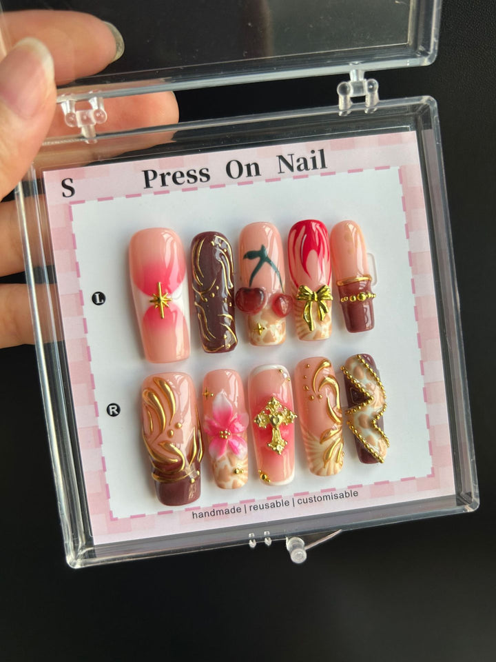 Artistic Cherry-Inspired Press-On Nails