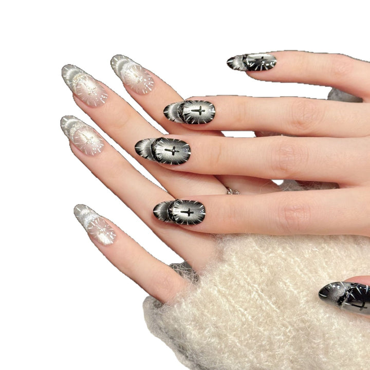 Artistic Press-On Nail Set with Gothic Patterns