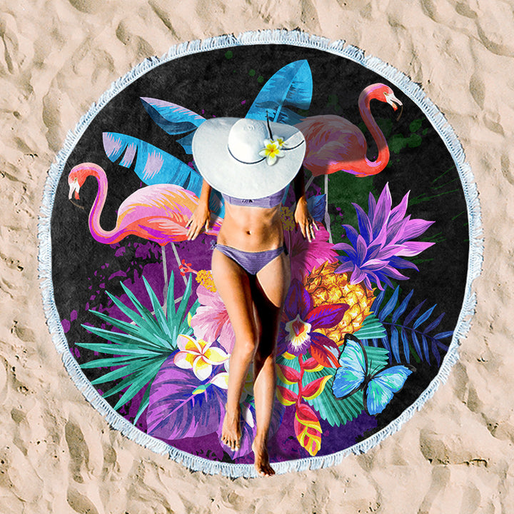 Round beach towel with floral fringe pattern Kalsten