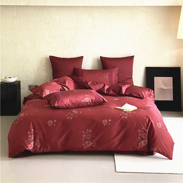 Premium Satin Bedding Set with subtle rose jacquard and hotel closing