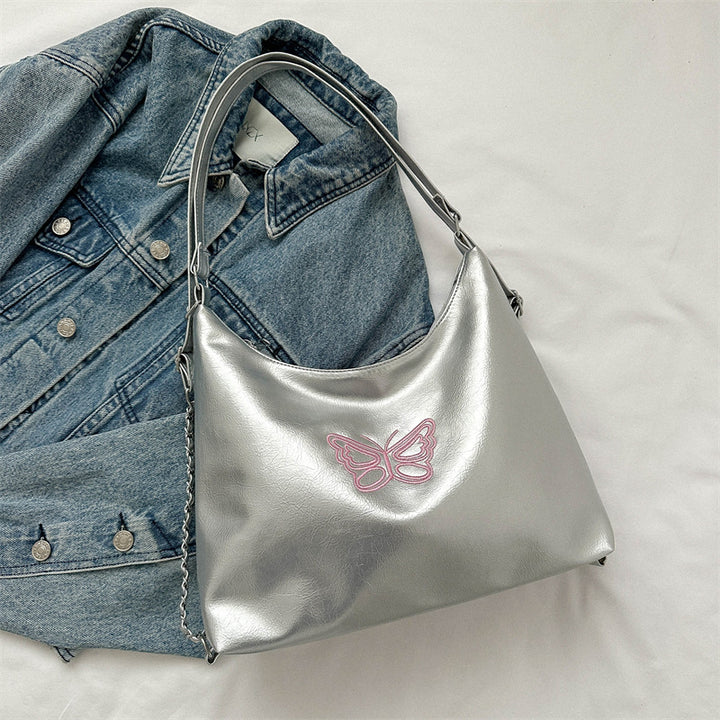 Butterfly-Embroidered Slouchy Handbag