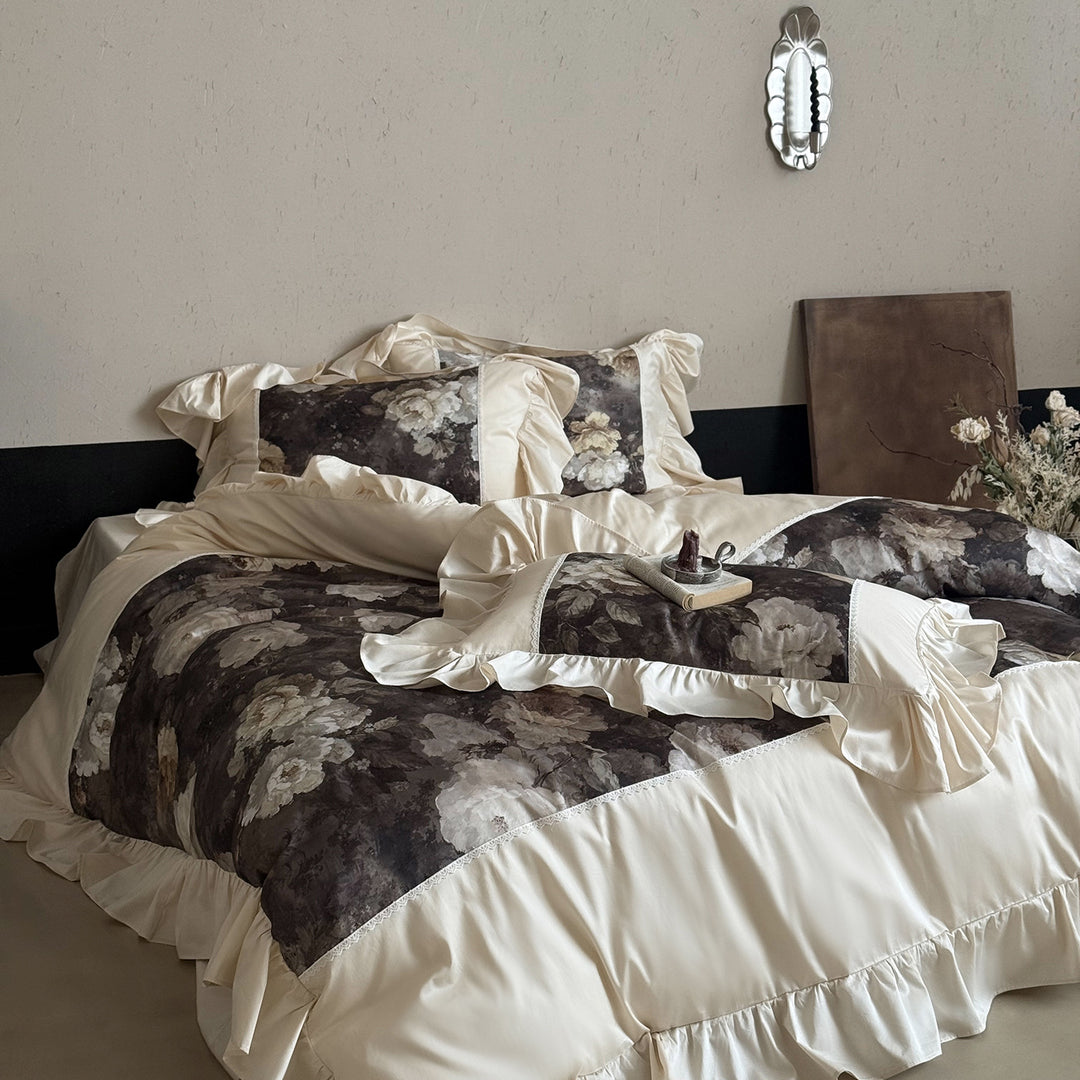 Cotton satin bed linen set with watercolor rose motif, ruffle and decorative trim