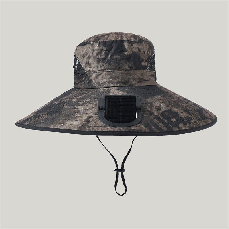 Wide-brimmed outdoor sun hat with solar-powered micro fan, breathable mesh and adjustable chin strap Kalsten