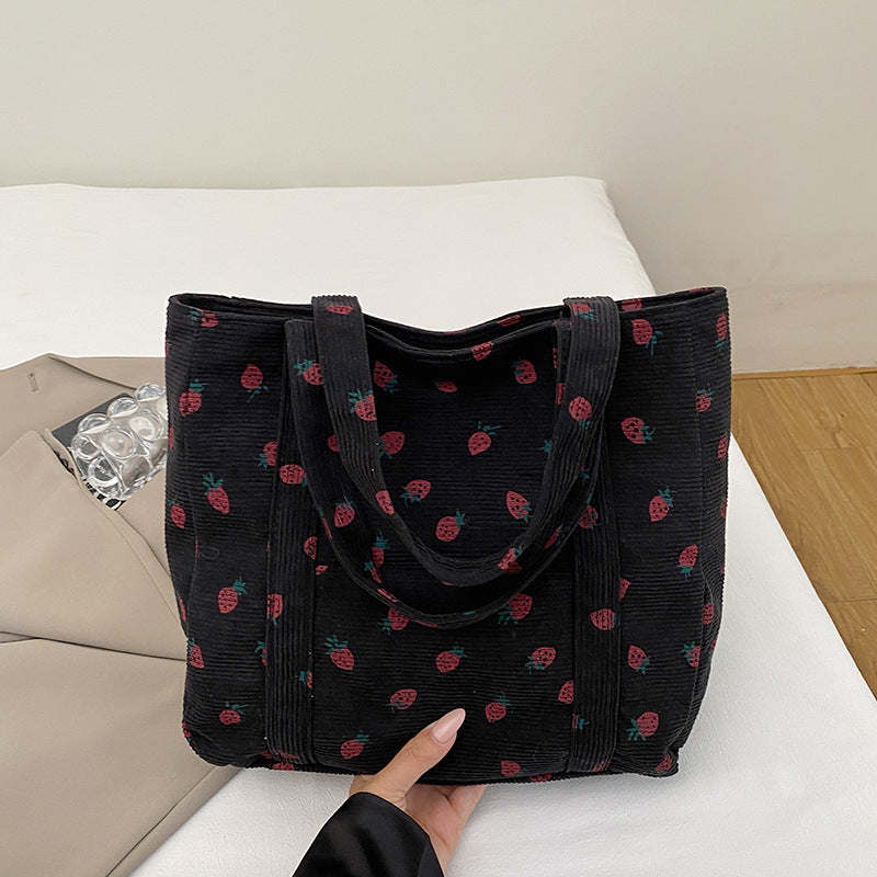 Playful Strawberry Print Corduroy Tote Bag Kalsten