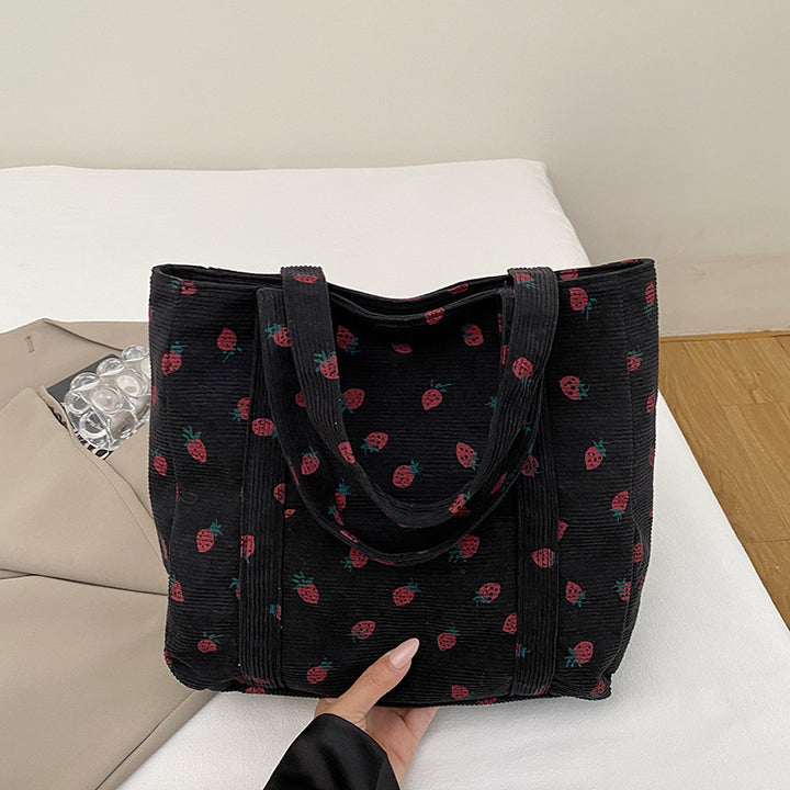 Playful Strawberry Print Corduroy Tote Bag Kalsten