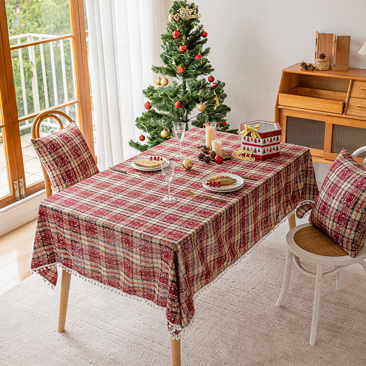 Festive Plaid Cotton-Linen Dining Tablecloth with Pom-Pom Trim