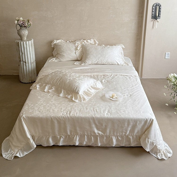 Luxury satin bedding set with floral jacquard pattern, ruffle, and silky finish