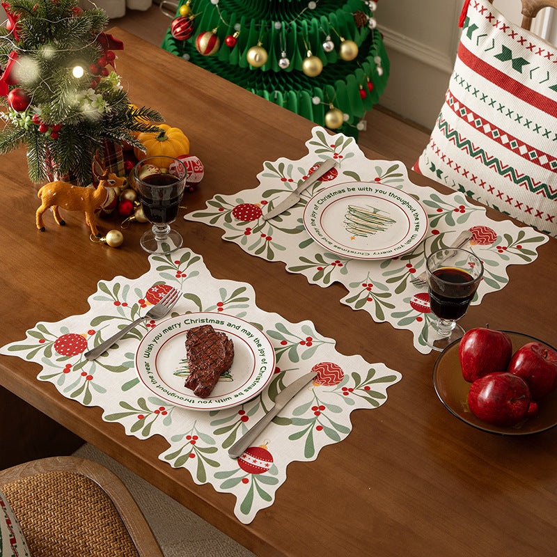 Festive table runner with wavy edge and botanical Christmas motif