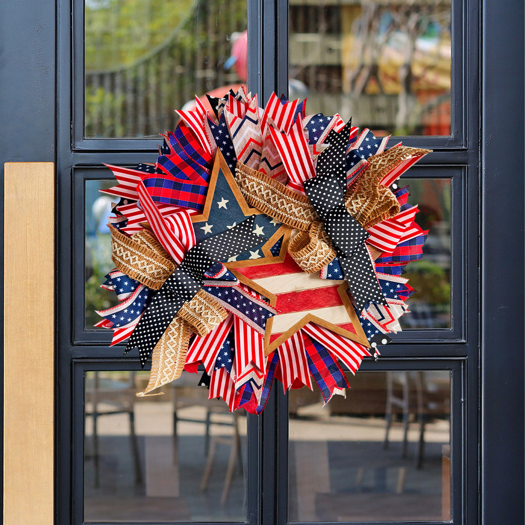 Unisex nan more patriotic USA-inspired door wreath with wooden star and multicolored ribbon arrangements Kalsten