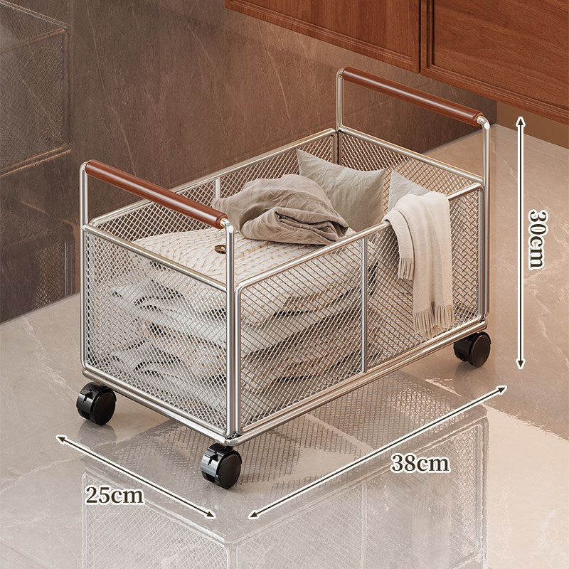 Rectangular Metal Mesh Storage Basket with Dual Wood-Hand Grips