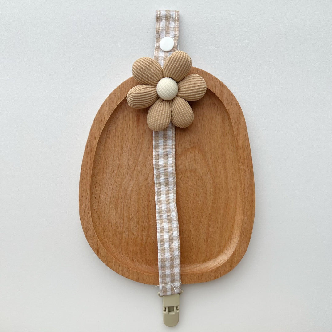 Gingham Cotton Pacifier Lanyard with Padded Ribbed Flower and Quick-Release Clip
