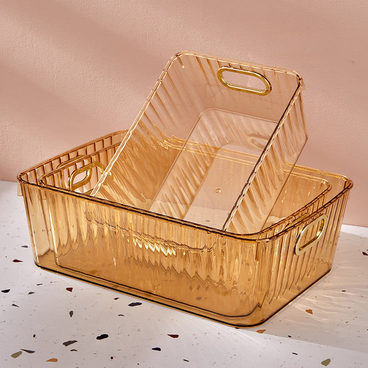 Transparent rectangular storage box with integrated carrying handles and ribbed side structure