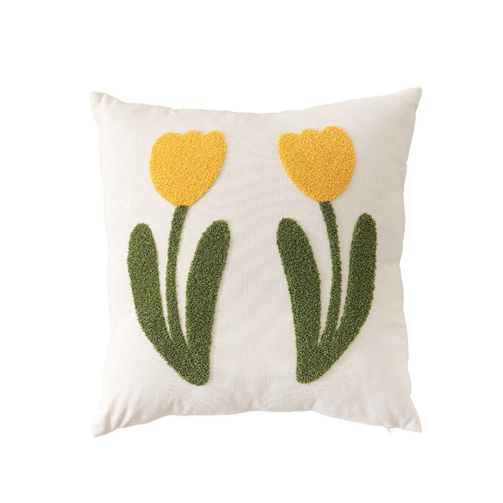 Hand-tufted square decorative cushion cover with floral chenille appliqué