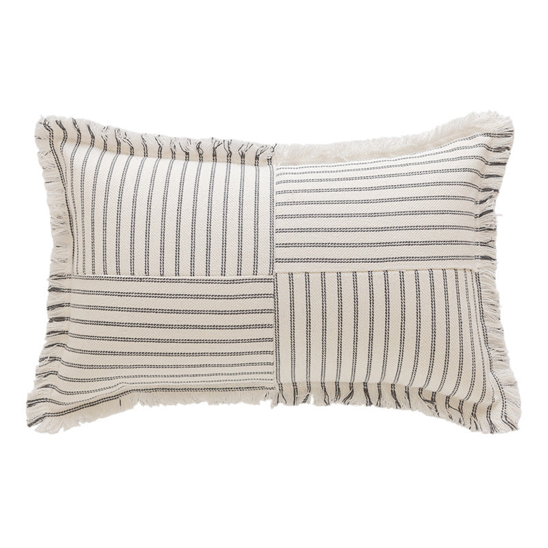 Decorative Rectangular Striped Patchwork Throw Pillow with Fringed Edges