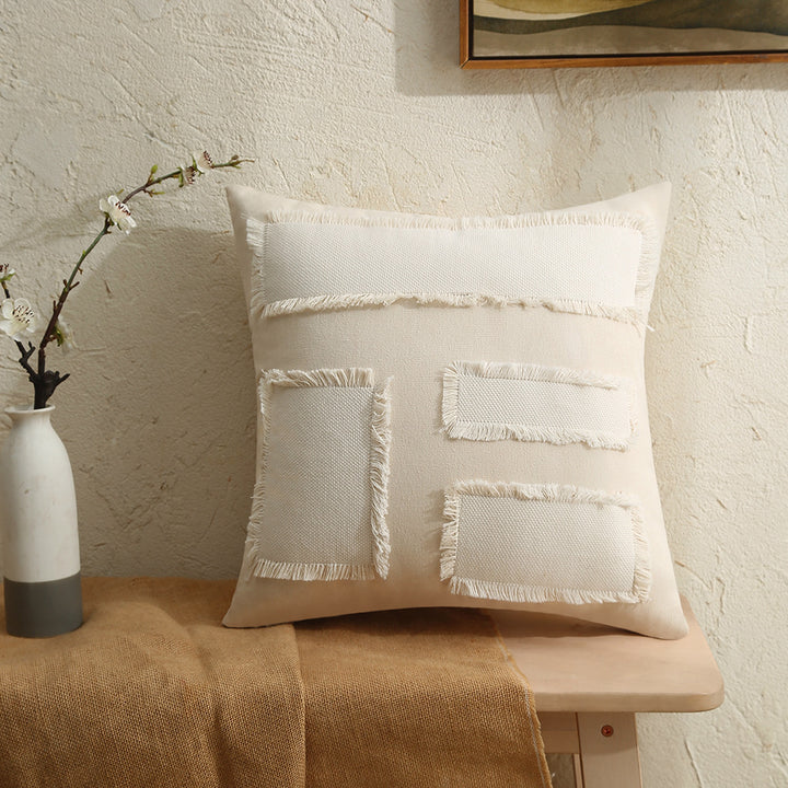 Fringed Patchwork Linen-Blend Square Decorative Throw Pillow Cover