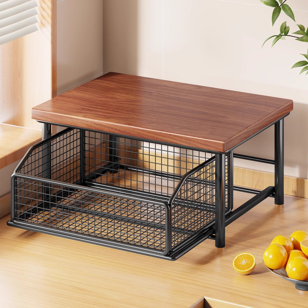Countertop Bamboo-Top Metal Mesh Sliding Storage Shelf with Pull-Out Basket