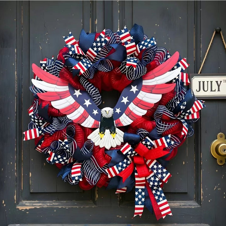 Unisex nan handcrafted Americana medallion wreath with layered deco mesh ribbons star motif bows and rustic sign Kalsten