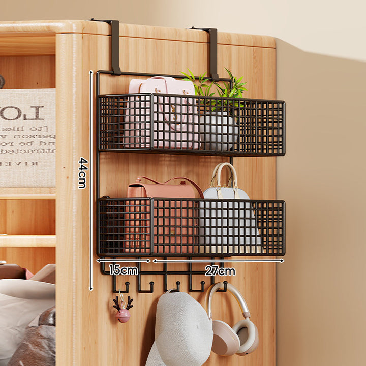 Over-Door Four-Tier Metal Mesh Hanging Storage Organizer with Integrated Hooks