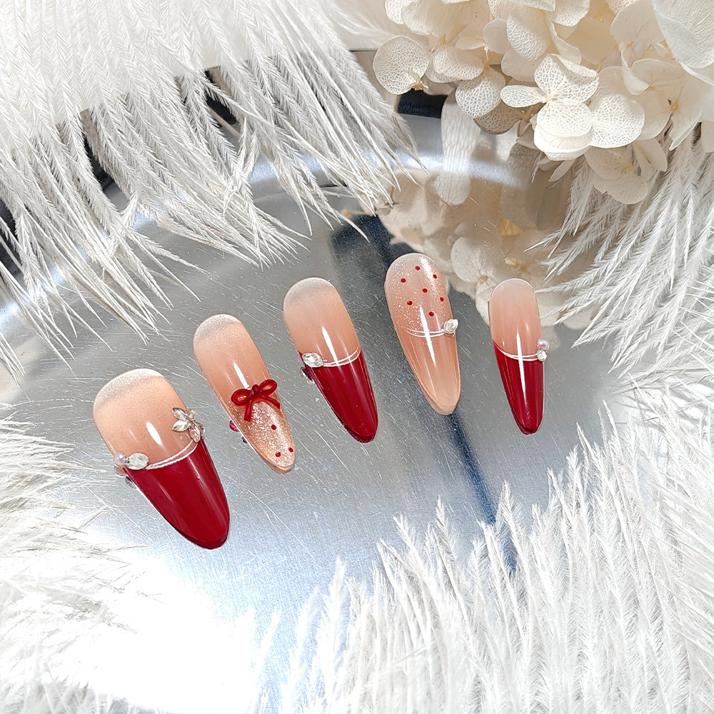 Elegant Artificial Nails with Decorative Ribbons and Rhinestone Clusters Kalsten