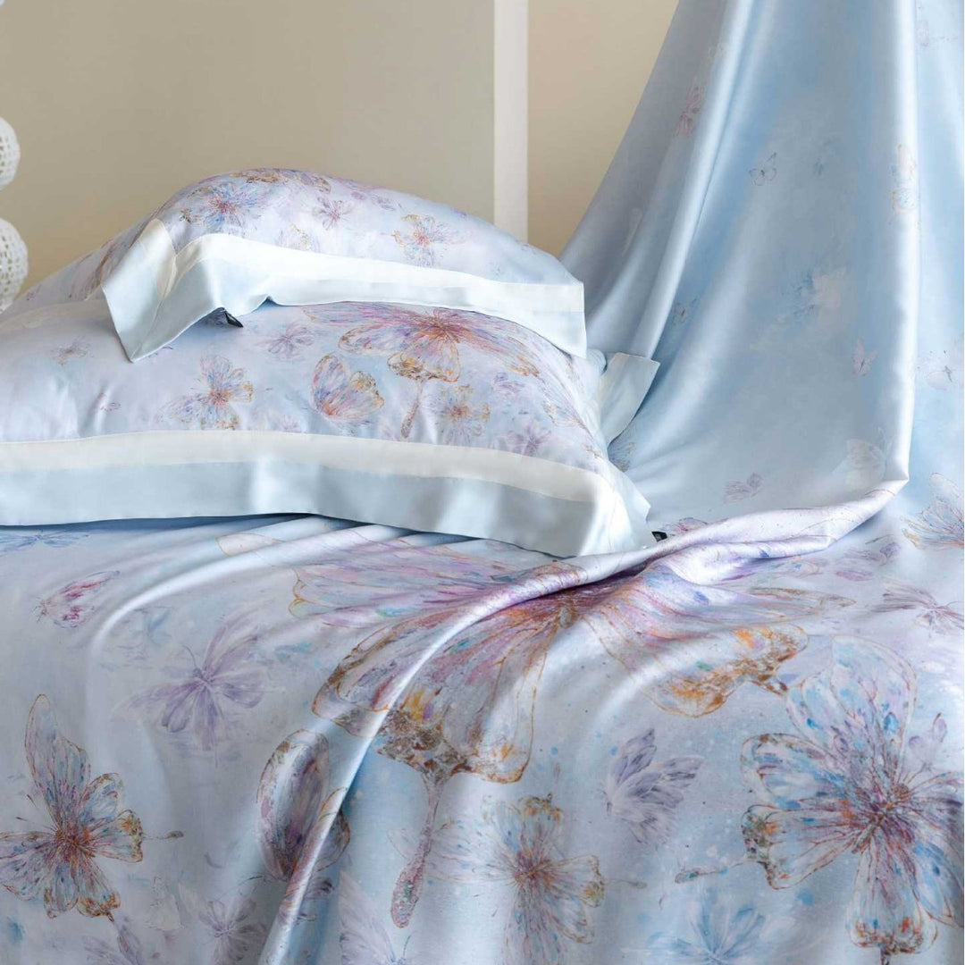 Luxurious cotton satin bedding set with large butterfly print and fine satin piping