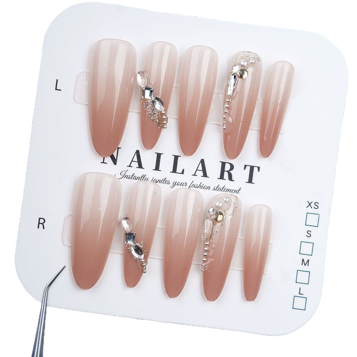 Premium Long Almond-Shaped Press-On Nail Set with Floral and Crystal Accents Kalsten