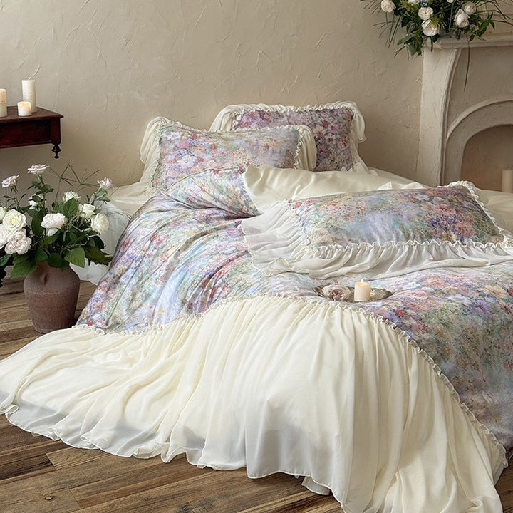 Elegant bedding set with floral watercolor print and gathered ruffle