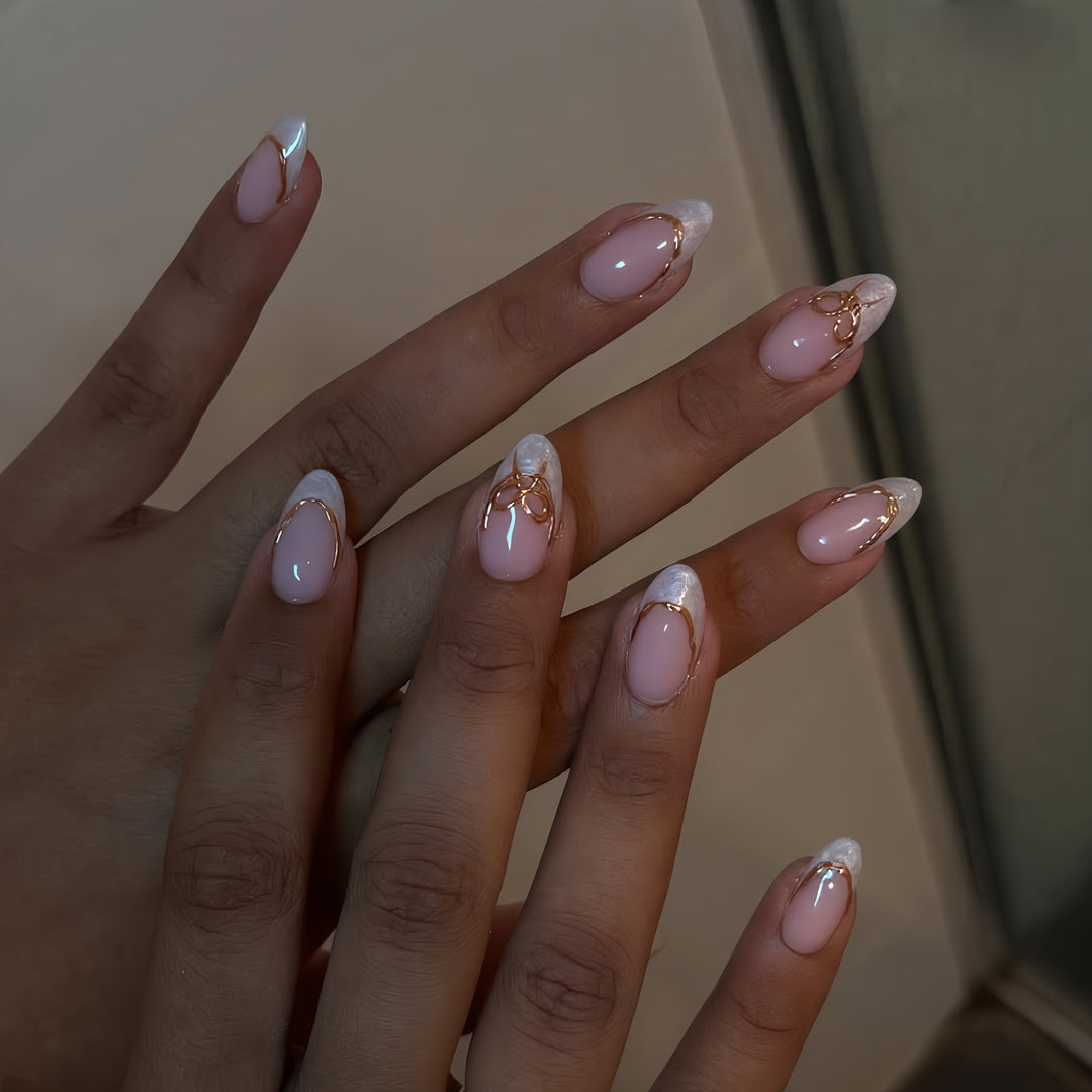 Elegant French Tip Press-On Nail Art Set with Gold Accents Kalsten
