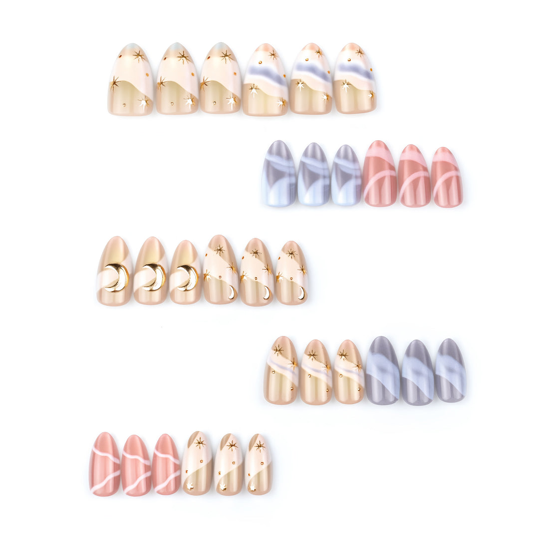 Glamorous Press-On Nail Art Set with Celestial Designs