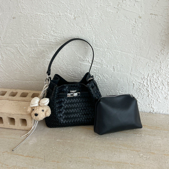 Woven Leather Bucket Tote Bag