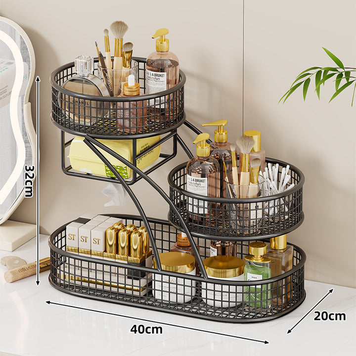 Triple-Tier Mesh Vanity and Countertop Organizer with Integrated Tissue Slot and Metal Grid Baskets